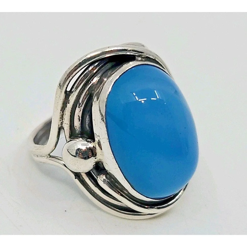 Sterling Silver Blue Chalcedony‎ Agate Oval Womens Ring Size 7.5 Gemstone
